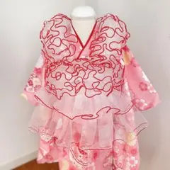 七五三チュール被布着　赤縁取り縁起物被布オーガンジーフリルエプロンワンピース