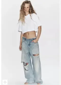 TRF ミッドライズ折り返しウエストデニムパンツ ライトブルー ZARA 32