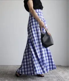 ギンガムチェック/無地ボリュームフレアマキシスカート