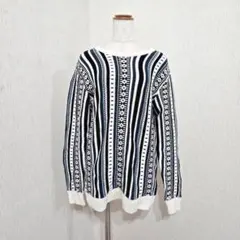 RAGEBLUE 総柄ニット ストライプ（M）ボートネック アクリルウールのサムネイル