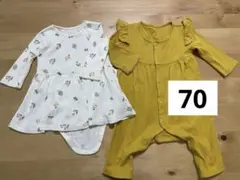 ベルメゾン　花柄ロンパース・マスタード色カバーオール２枚セット　70cm