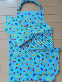 ☆140前後エプロン3点セットブロック柄水色