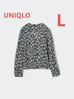ユニクロ　プリントVネックブラウス（長袖）レディース　ブルー　Lサイズ