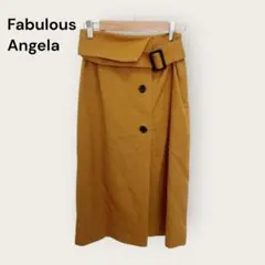 スカート　膝丈　ベルト　ラップ風　マスタード　折り返し　ウエストゴム