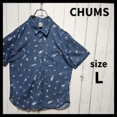 【CHUMS】 総柄デニムシャツ　半袖　ペンギン　F1065のサムネイル