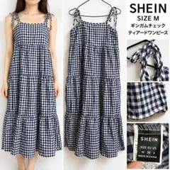 SHEIN ギンガムチェック ティアードキャミワンピース M 紺白 肩リボン総柄