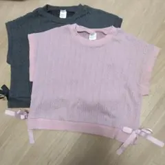 120㎝　キッズ ベスト リボン付き ピンク グレー　韓流
