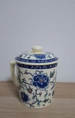 中国茶器 陶器製カップ 蓋付き 花柄