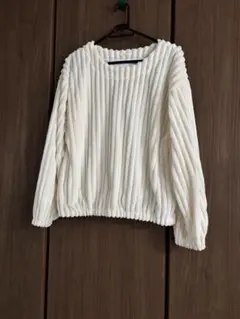 新品未使用　ストライプフリース風　長袖トップス　白　アイボリー　ゆったり