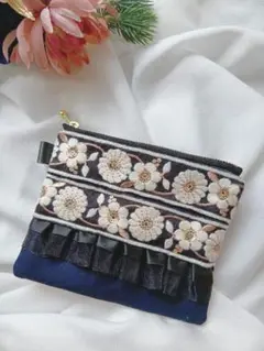 【フラットポーチ】インド刺繍×ヌビ/小物入れ（A260）