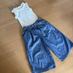 【140】デニムワイドパンツ×韓国子供服ノースリーブ2点セット