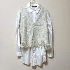 ZARA ホワイト長袖ブラウス　ラメツイードベストセット