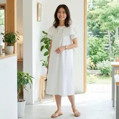ニーム フリルスリーブ 麻混ワンピース リボン付き 白 ナチュラルのサムネイル