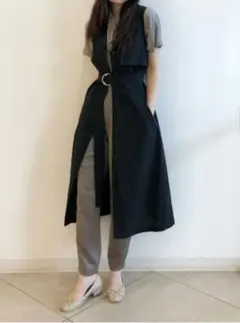 ユニクロUNIQLOリネンブレンドラペルワンピース（ノースリーブ）黒ブラックL