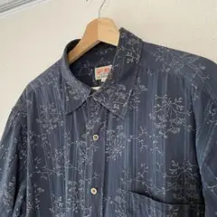 古着 オーバーサイズ シャツ 花柄×ストライプ ネイビー