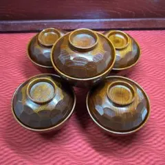 076山中漆器　天然木　拭きうるし塗　 「吸物椀」五客　しのぎ削り多面カット軽量