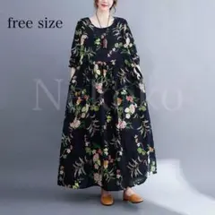 花柄 総柄 ロングワンピース 大柄 花柄ワンピース レディース 紺 秋 ネイビー