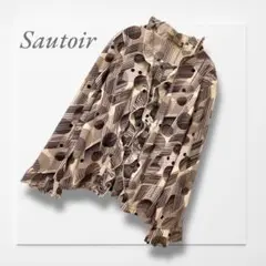 Sautoir◆フリルシャツ 茶系 総柄 フリル 日本製 レトロ 古着女子