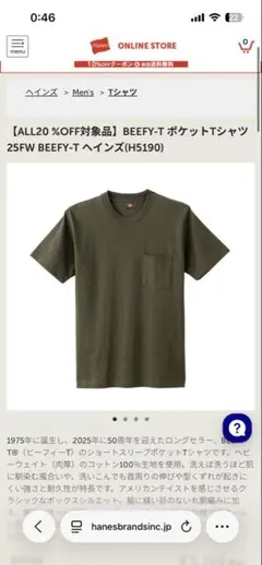 Hanes BEEFY-T ポケットTシャツ L オリーブグリーン