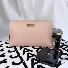 FURLA フルラ ポーチ 化粧ポーチ レザー ピンクベージュ ゴールド金具