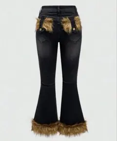 Y2K グランジパンク 平成ギャル フレアデニム ローライズ ファー 黒