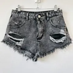 シーイン ダメージ デニム ショートパンツ カットオフ 美脚 28 黒 綿