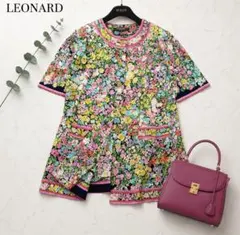 a143【美品】レオナール 花柄 リボン チュニックワンピース 黒 S