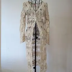 ベージュ クロシェ編み ロングカーディガン 長袖のサムネイル