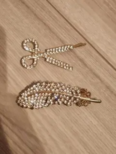 クリスタル装飾の羽根　ハサミ　ヘアピン　セット