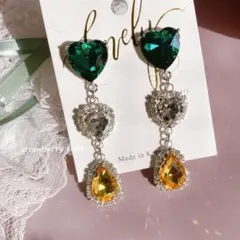 ハート グリーン クリア イエロー ビジュー ウォータードロップ ピアス Y2K