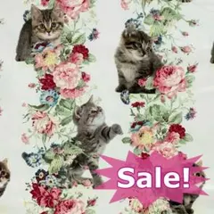 【10%OFF】国産シーチング*キルトゲイト*薔薇と子猫ボーダーナチュラル1m