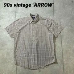 海外輸入品　90sヴィンテージ　ARROWアロー　半袖チェックシャツ　茶色　L