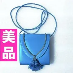美品　ターコイズブルー フリンジ付ショルダーバッグ　青　ミニバッグ　ブルー系