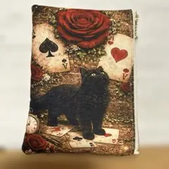 フラットポーチ　　　ねこ柄　薔薇　両面パネル 　　　❤️ハンドメイド