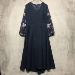 PourVous♡ロング丈ワンピース ドレス シアースリーブ 刺繍 M