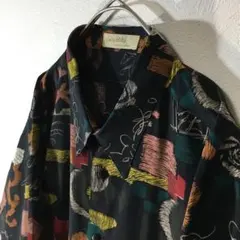 【個性派古着】長袖総柄デザインシャツ　チョークアート風　花柄　マルチカラーL