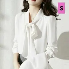 新生活 卒業式 リボン 長袖ブラウス S 白 シホォン とろみ 卒園式 参観