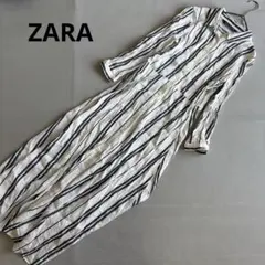 【ザラ】長袖ロングシャツワンピース　麻混　ストライプ　青×白　爽やか　羽織（M）