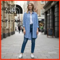 A4604★美品★THE NORTH FACE*チェック柄ロングシャツ*XL*青のサムネイル