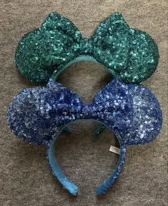 ディズニー　カチューシャ　スパンコール　青　緑　ブルー　グリーン　リボン　セット