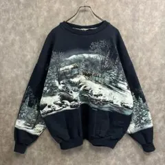 冬景色 両面プリントスウェット ネイビー L相当 ゆるダボビッグシルエット古着
