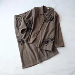 b 昭和レトロ セットアップ ジャケット スカート ヘリンボーン 花モチーフ 茶