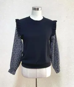 しっかり目　ジュノア　小花柄ドッキング黒リブカットソー　コーデュロイ　長袖