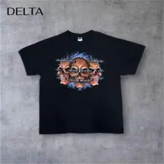 00s DELTA 3連スカル 有刺鉄線 青炎 Tシャツ XL 黒 Y2K