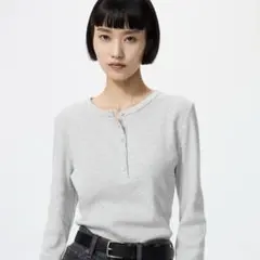 UNIQLO リブヘンリーネックT グレー S