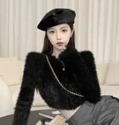 shein ファー素材 ブラック クロップドトップ ワンサイズ