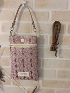 ハンドメイド★インド刺繍生地スマホショルダーバッグ／ピンククローバー