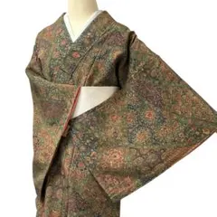 T73着物 小紋 唐草花柄 正絹　仕付け糸　美品逸品