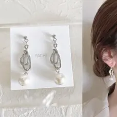 ダブル雫×パール シルバー♡ハンドメイド ピアス イヤリング シンプル 小ぶり