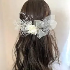 シンプル　シルバーのドライフラワー髪飾り　銀箔　水引付き　結婚式　卒業式　袴